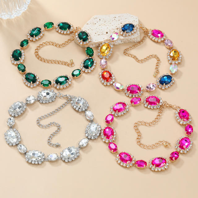 Delicate colorful glass crystal statement party prom choker necklace set