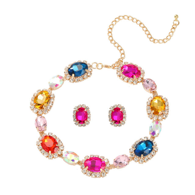 Delicate colorful glass crystal statement party prom choker necklace set