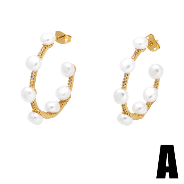 Hot sale pearl bead open hoop gold plated copper women earrings