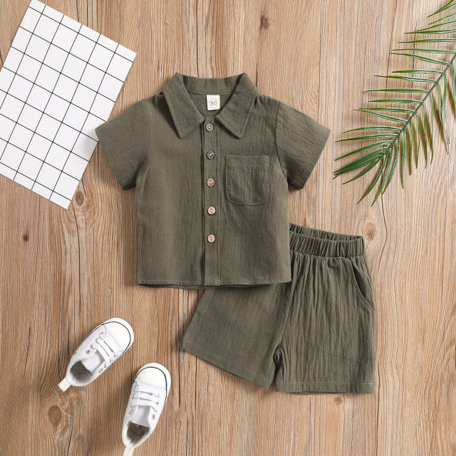 Summer plain color Cotton and linen polo shirt and short set for boy