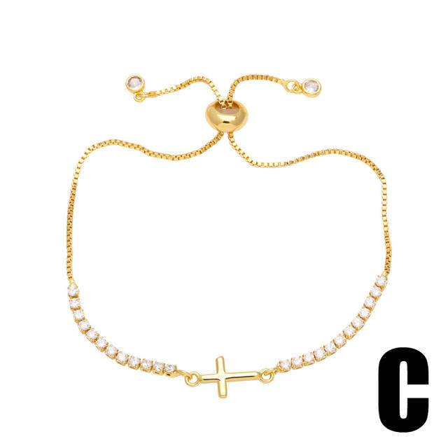 Delicate tennis chain heart cross gold plated copper slide bracelet