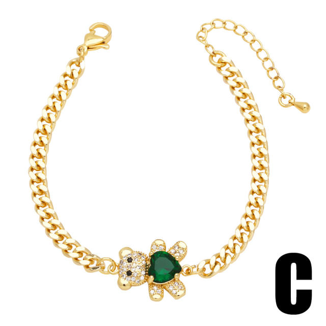 Gold color cuban link chain green cubic zircon bear heart copper bracelet