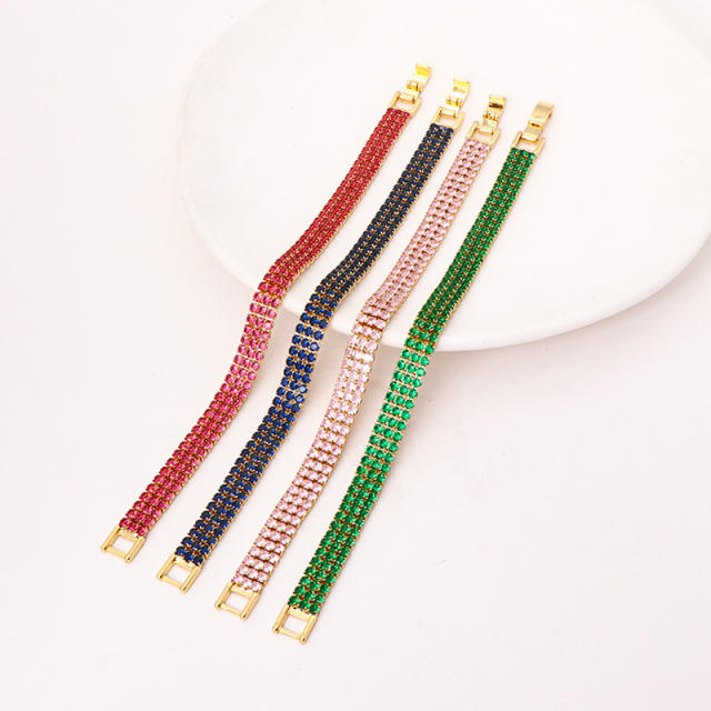 Delicate three row colorful cubic zircon pave setting copper bracelet tennis bracelet