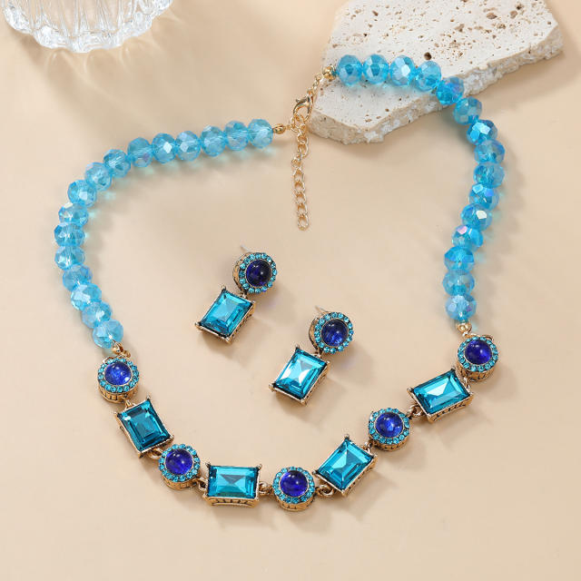 Boho blue color glass crystal statement necklace set
