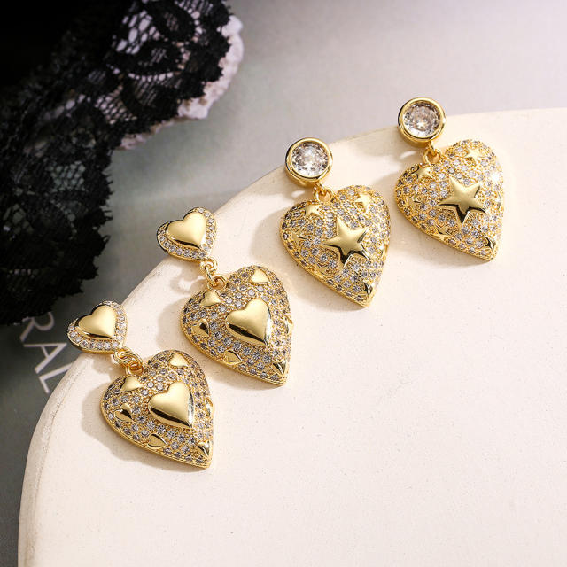 Delicate star cubic zircon heart gold plated copper earrings