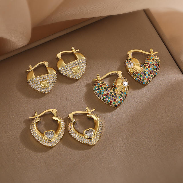 18KG luxury pave setting cubic zircon V shape copper earrings