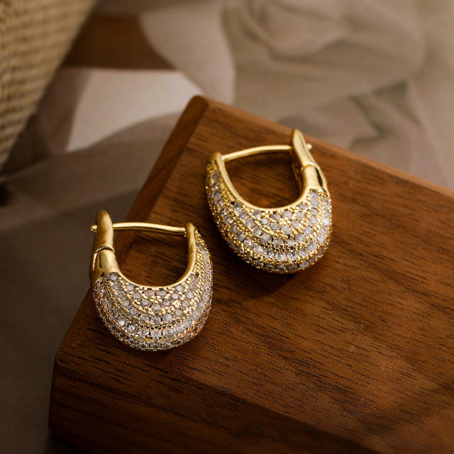 18K real gold plated copper pave setting cubic zircon U shape women earrings