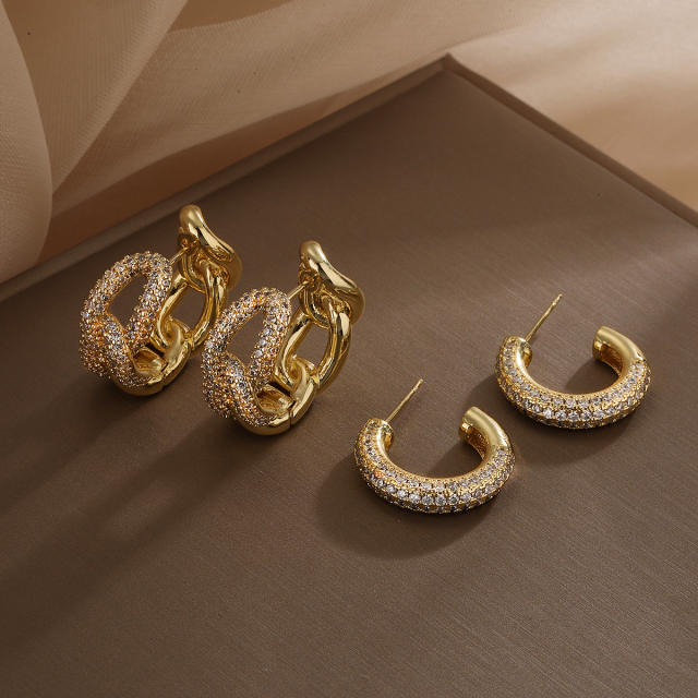 INS luxury pave setting cubic zircon gold plated copper earrings