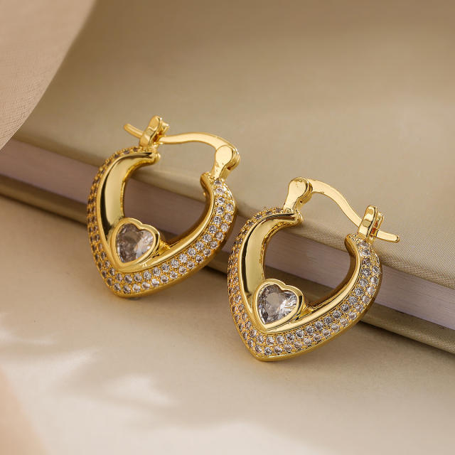 18KG luxury pave setting cubic zircon V shape copper earrings