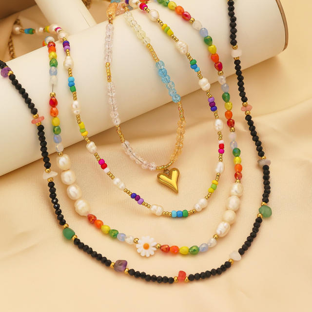Boho colorful seed bead pearl bead heart charm stainless steel necklace