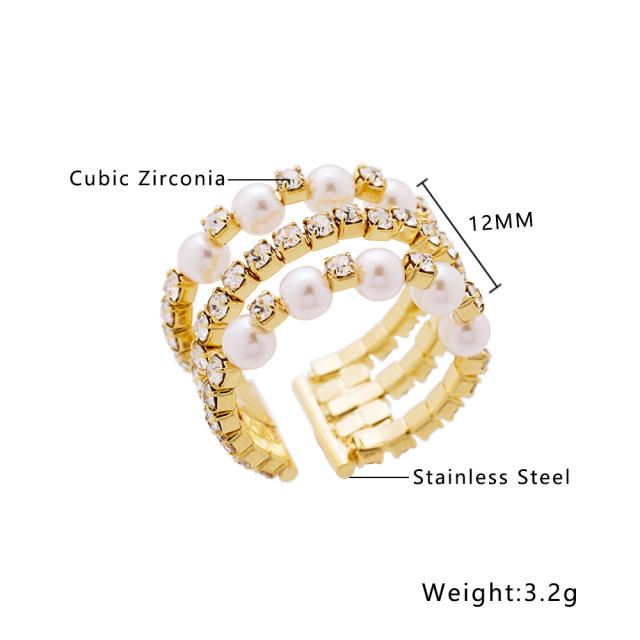 Luxury pearl bead cubic zircon three layer stainless steel finger rings