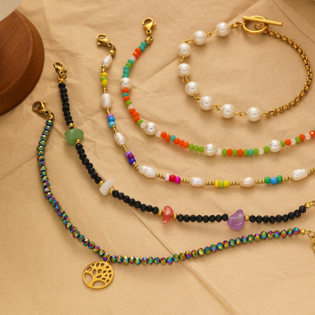 Boho colorful bead pearl bead stainless steel bracelet for women