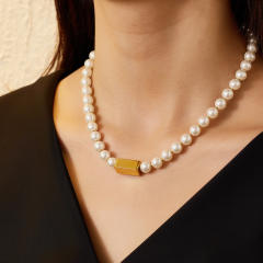 18KG vintage pearl bead easy match stainless steel necklace for women