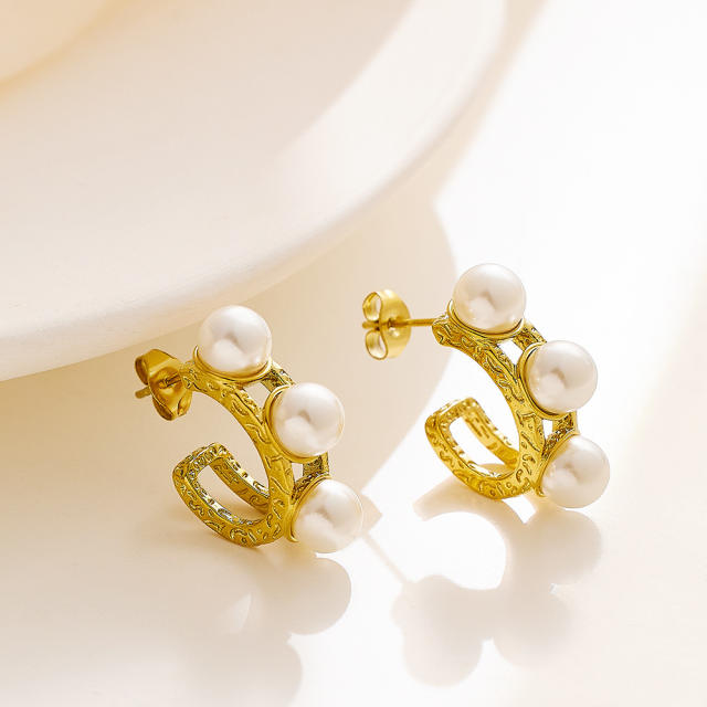 INS vintage gold color pearl bead stainless steel earrings collection