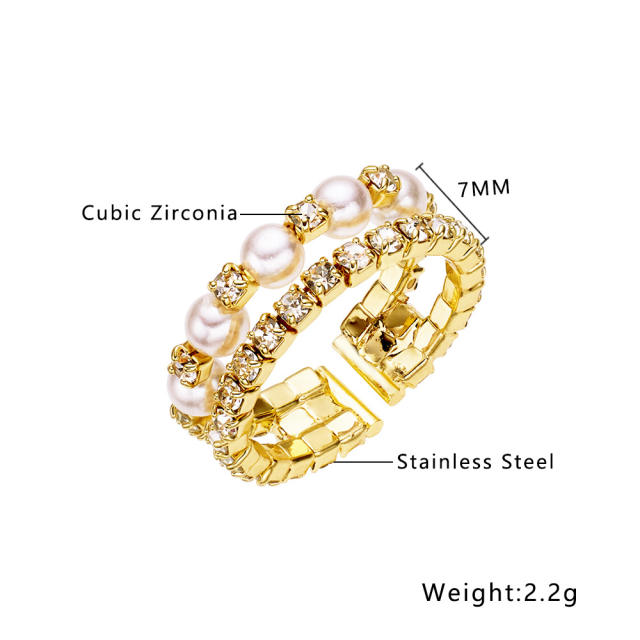 Luxury pearl bead cubic zircon three layer stainless steel finger rings