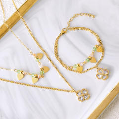 Fresh green color crystal stone diamond clover pendant stainless steel necklace set