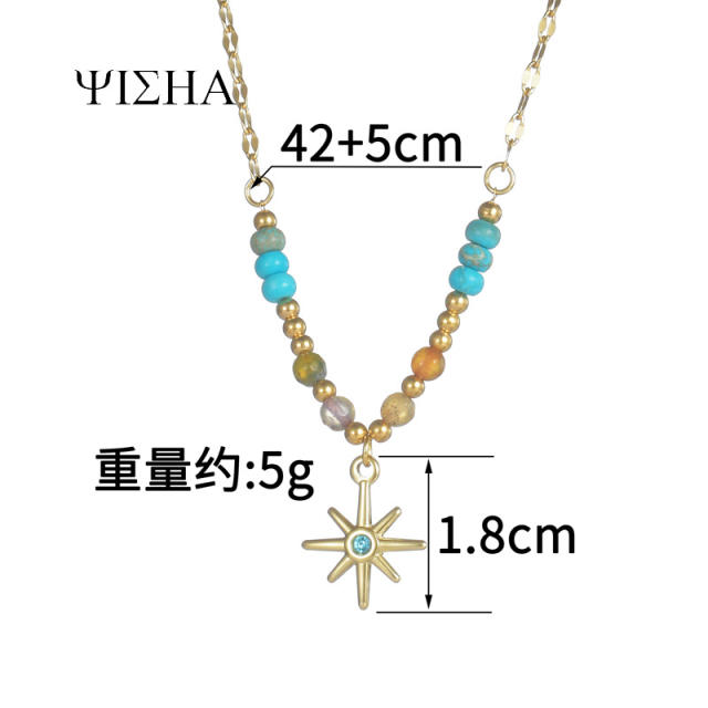 18KG boho colorful natural stone bead stainless steel necklace