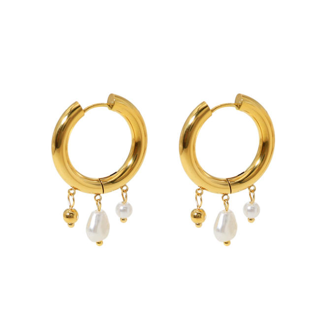 18K gold plated water pearl drop small hoop stainless steel earrings