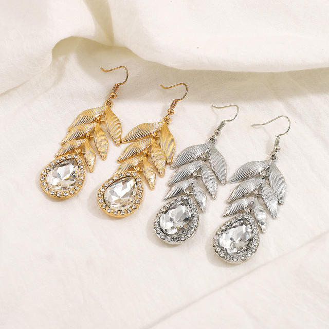 Delicate metal leaf glass crystal dangle earrings for women