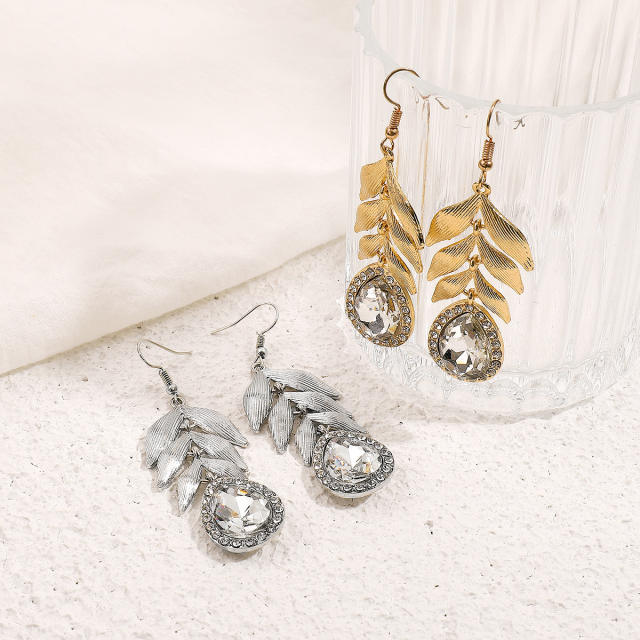 Delicate metal leaf glass crystal dangle earrings for women