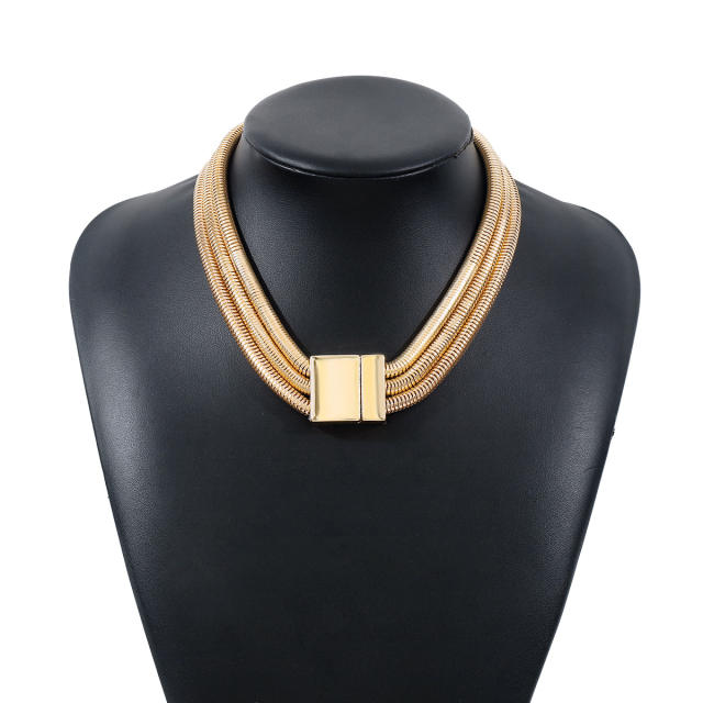 Hiphop chunky layer row metal choker necklace bracelet set