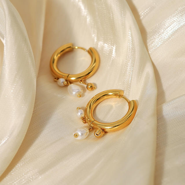 18K gold plated water pearl drop small hoop stainless steel earrings