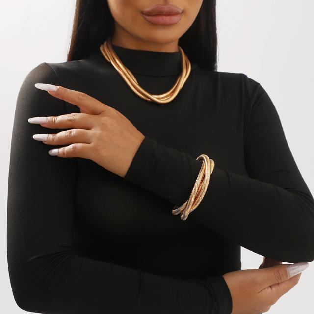 Hiphop chunky layer row metal choker necklace bracelet set