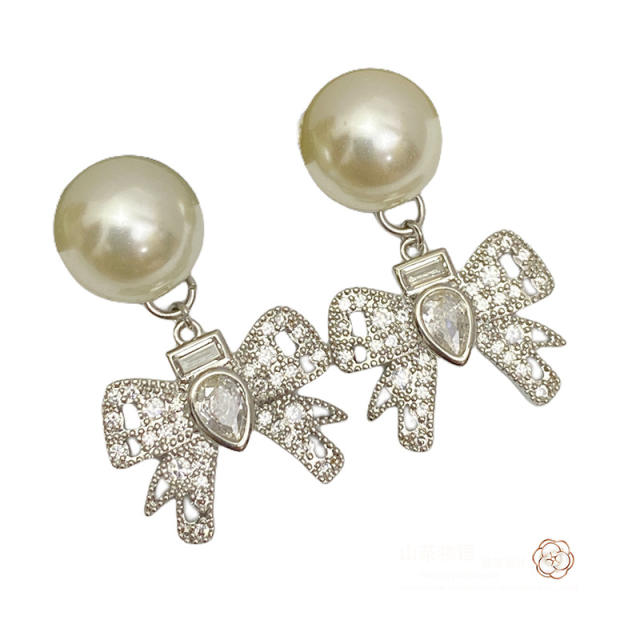 Delicate diamond bow pearl bead copper jewelry set