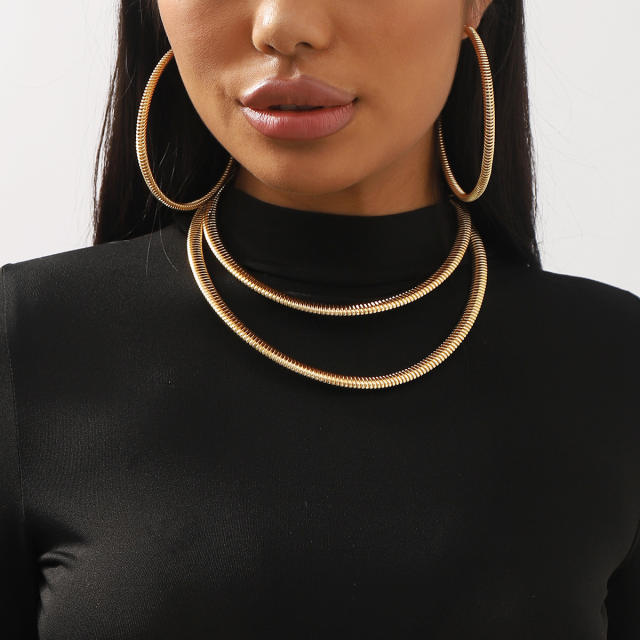 Personality chunky metal cable design choker bangle earrings set
