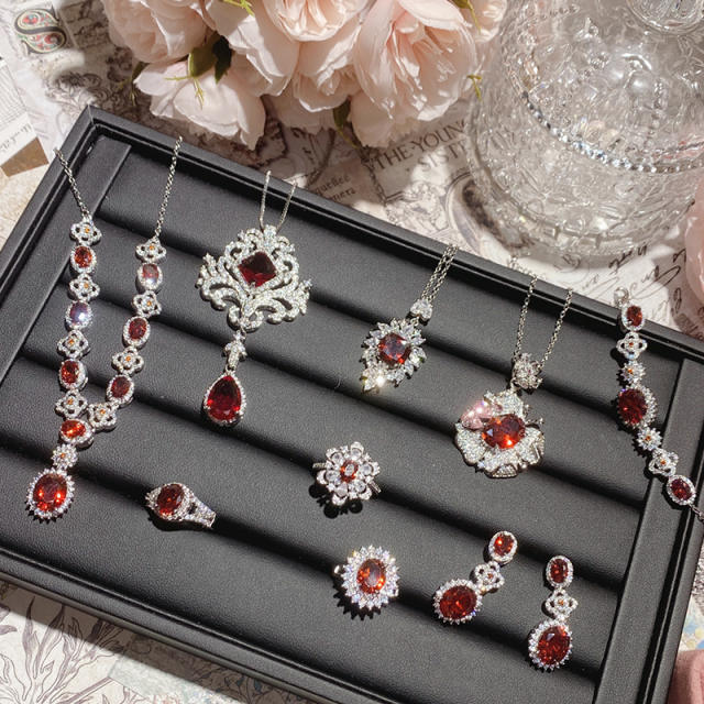 Delicate ruby cubic zircon statement necklace earrings rings collection