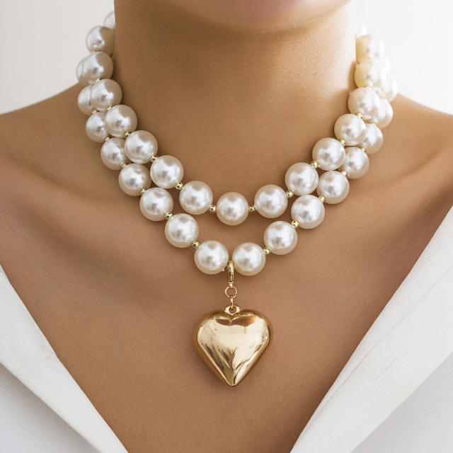 Chunky hiphop imitation pearl bead ball bead heart charm necklace