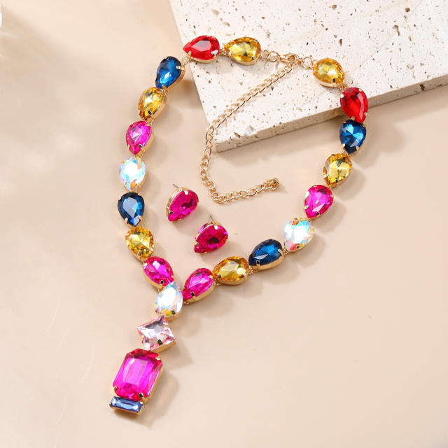 Delicate colorful glass crystal statement drop necklace set