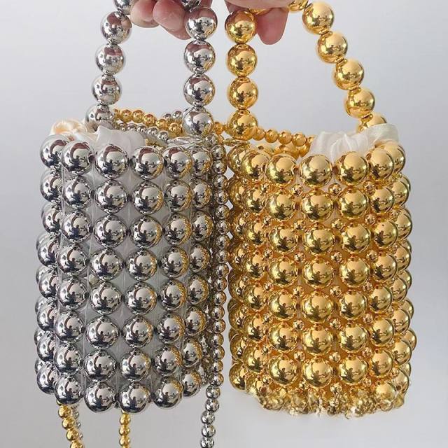 Super cool gold and silver color beaded bucket bag for women