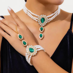 Vintage imitation pearl bead color glass crystal ring bracelet choker necklace set