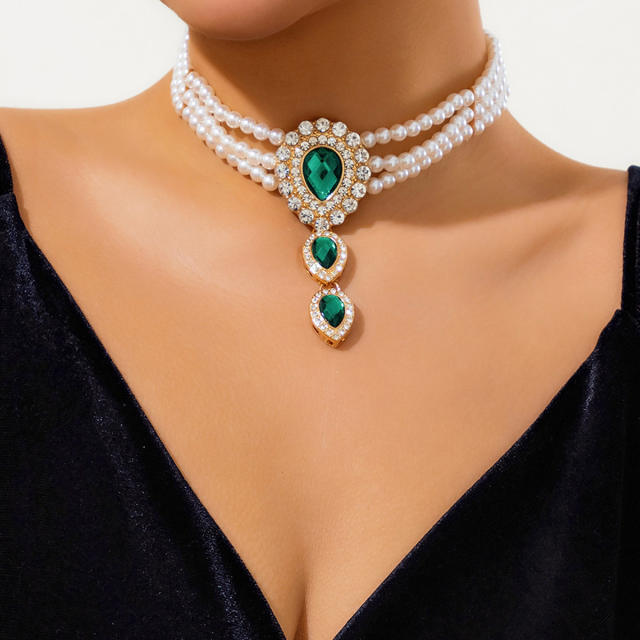 Vintage imitation pearl bead color glass crystal ring bracelet choker necklace set