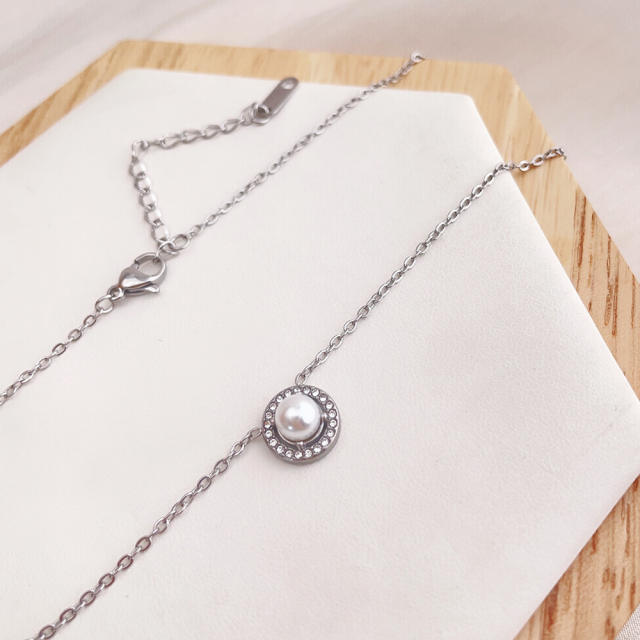 Korean fashion pearl bead shiny rhinestone dainty stainless steel necklace