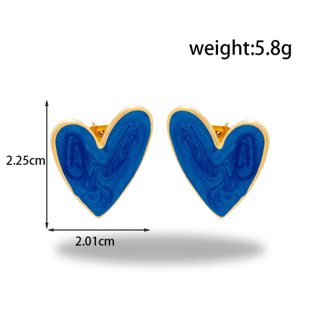 Blue color enamel chunky heart stainless steel earrings collection