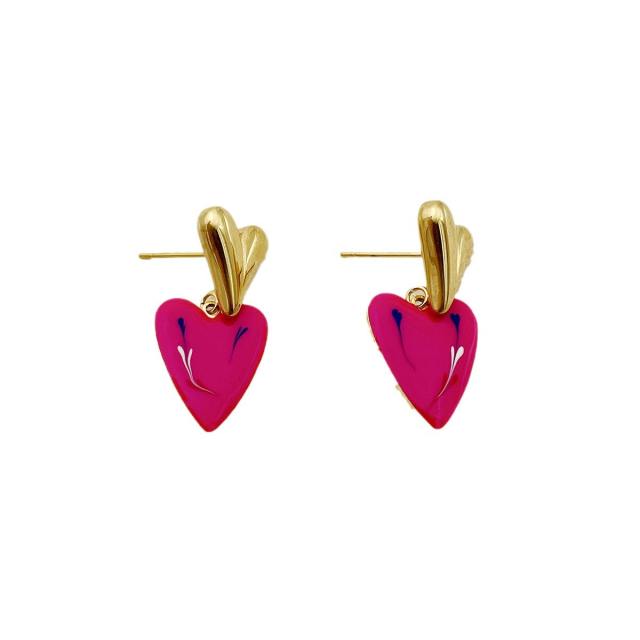 Vintage rose red enamel heart stainless steel earrings