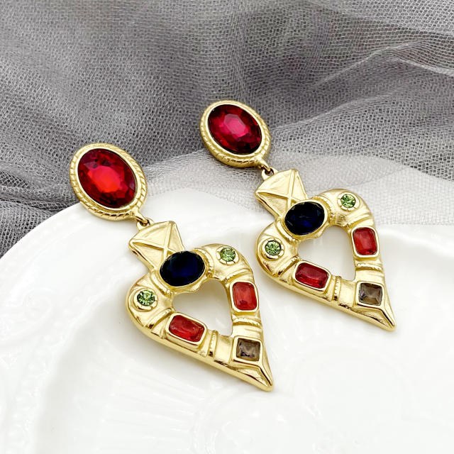 Baroque colorful cubic zircon statement heart dangle earrings stainless steel earrings