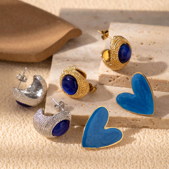 Blue color enamel chunky heart stainless steel earrings collection