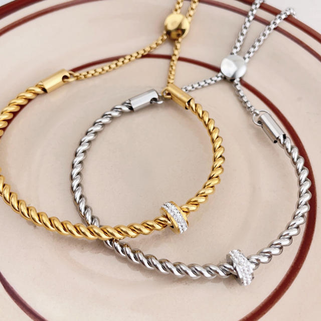 Vintage rhinestone twisted rope stainless steel bangle bracelet