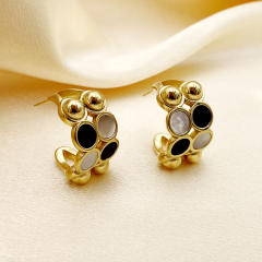 Classic white black bead pattern open hoop stainless steel earrings
