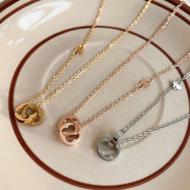 Korean fashion hollow out clover circle dainty stainless steel necklace