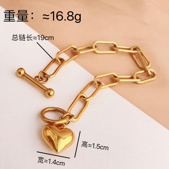 Gold color heart charm paperclip chain toggle bracelet stainless steel bracelet