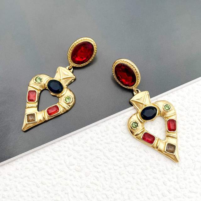 Baroque colorful cubic zircon statement heart dangle earrings stainless steel earrings