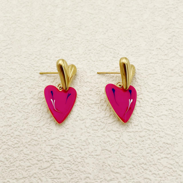 Vintage rose red enamel heart stainless steel earrings