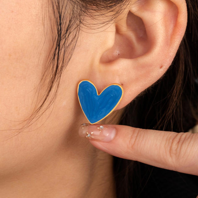 Blue color enamel chunky heart stainless steel earrings collection