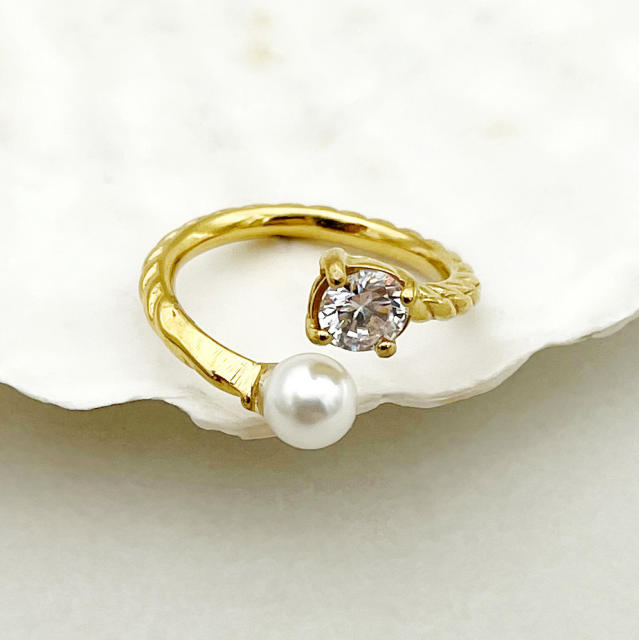 Chic twisted design pearl rhinestone stainless steel rings