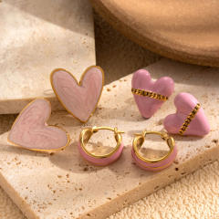 Sweet pink color enamel heart stainless steel earrings collection