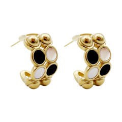 Classic white black bead pattern open hoop stainless steel earrings